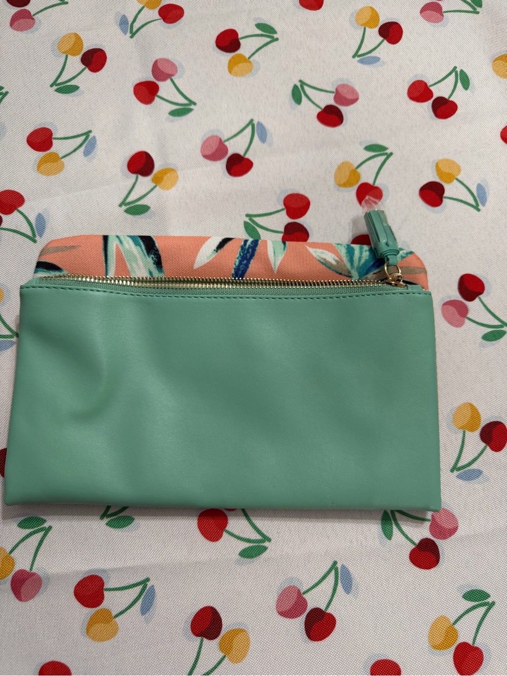 Mint Green Cosmetic Pouch with Coral Tropical Accent